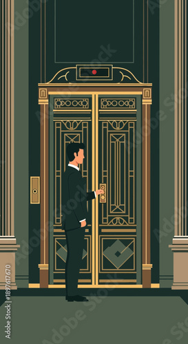 Elegant Elevator Entrance With Businessman Standing Waiting