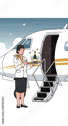 Elegant Flight Attendant Offering Champagne By Private Jet Luxury Travel Experience