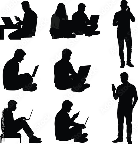 People using various devices in different postures and locations