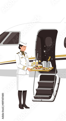 Elegant Flight Attendant Offers Refreshments Beside Private Jet Entrance