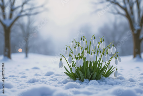Spring landscape - view of newly blossomed snowdrops sprouting from under the snow in the forest in early spring. Created using generative AI tools
