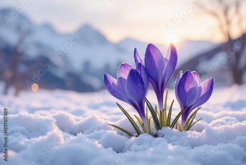 Spring background - view of the fresh purple crocuses blooming against the background of snowy mountains. Created using generative AI tools