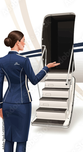 Elegant Flight Attendant Welcoming Passengers to Private Jet Entrance Luxury Travel