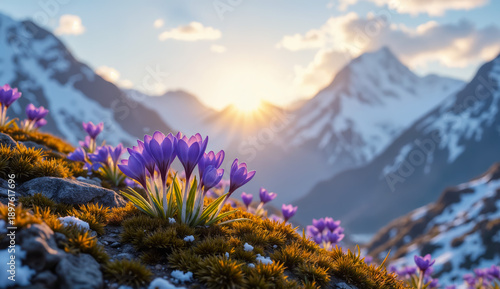 Spring background - view of the fresh purple crocuses blooming against the background of snowy mountains. Created using generative AI tools
