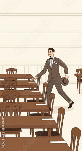 Elegant Gentleman Navigating Empty Dining Hall With Vintage Charm