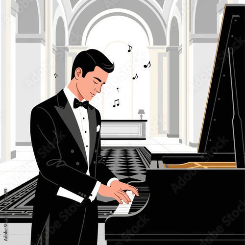 Elegant Gentleman Playing Grand Piano In Opulent Hall