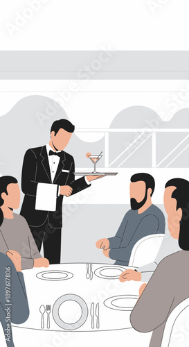 Elegant Waiter Serving Cocktails to Diners at a Refined Restaurant Setting