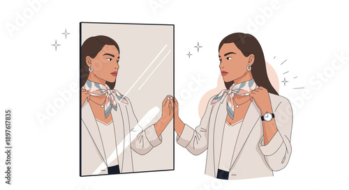 Elegant Woman Admires Her Reflection With A Stylish Scarf
