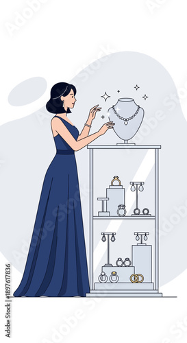 Elegant Woman Admires Exquisite Jewelry Displayed In Modern Boutique