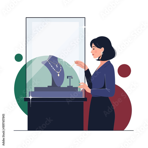 Elegant Woman Admiring Exquisite Necklace Displayed in Luxurious Jewelry Store