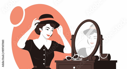 Elegant Woman Adorned With Hat And Reflecting In Mirror