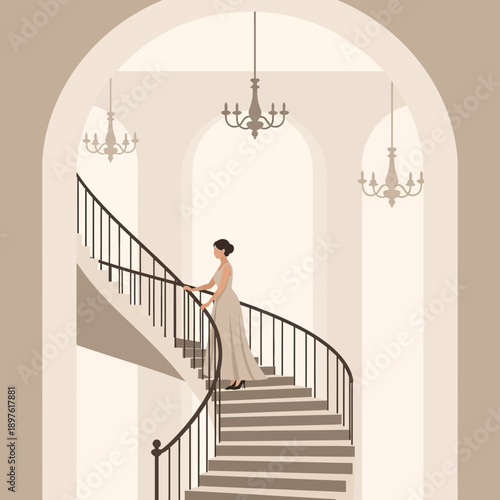 Elegant Woman Ascending Grand Staircase In Architectural Interior Ambiance