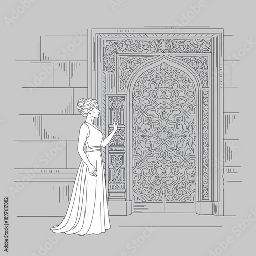 Elegant Woman Approaching Ornate Antique Gateway With Intricate Detailing