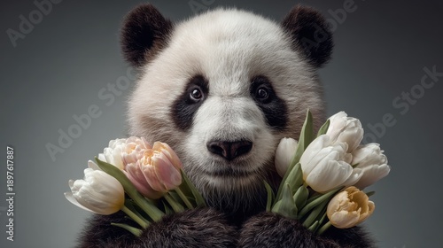 Panda holds flowers to celebrate women on March 8 during International Women's Day