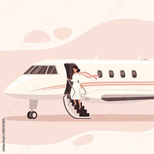 Elegant Woman Descends Private Jet Stairs Sophisticated Travel Lifestyle