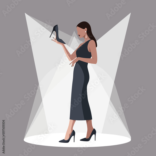 Elegant Woman Showcases Designer High Heel Shoe Under Dramatic Spotlight Illumination