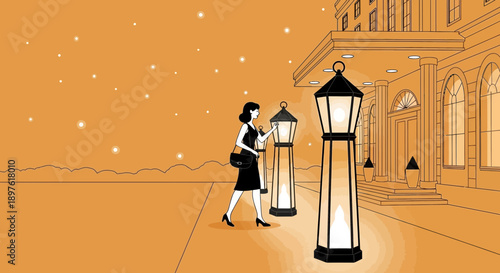 Elegant Woman Strolling Past Grand Building Ornate Lampposts Evening Ambiance