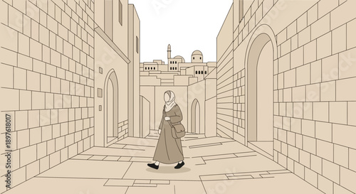 Elegant Woman Walking Through Historic City Alleyway With Ancient Architecture