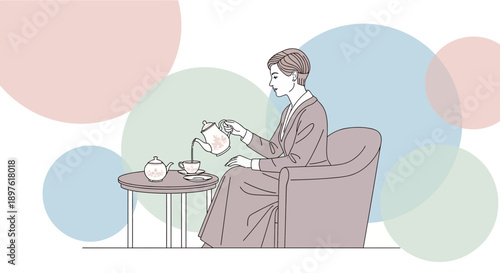 Elegant Woman Pouring Tea Elegantly Served In Comfortable Armchair