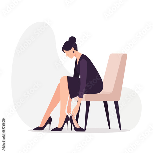 Elegant Woman Sitting on Chair Adjusting Black High Heels