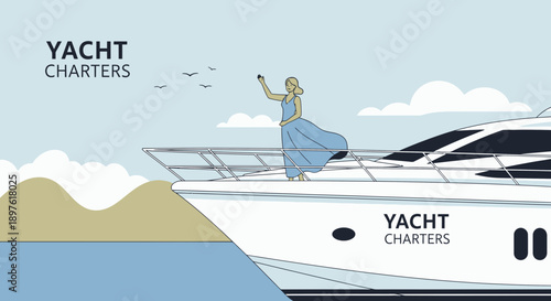 Elegant Woman Waving On Luxury Yacht Charter Vacation Bliss
