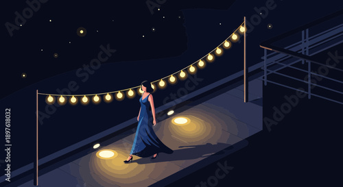 Elegant Woman Walks Under Starry Night Sky Illuminated by String Lights