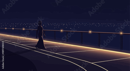 Elegant Woman Strolls Along Illuminated Boardwalk Under Starry Night Sky