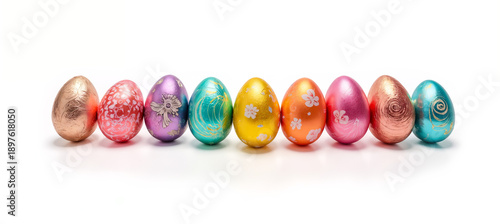Easter still life - view of a set of colorful Easter eggs with foil wrapping on white background. Created using generative AI tools