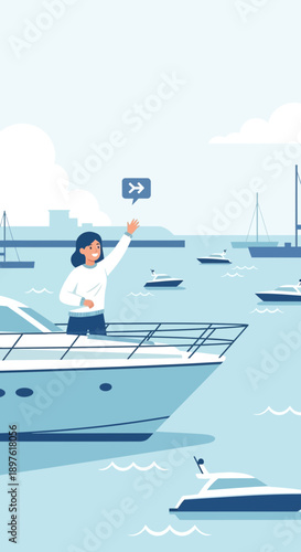 Elegant Yacht Docked In Blue Marina Harbor With Woman Waving Hello