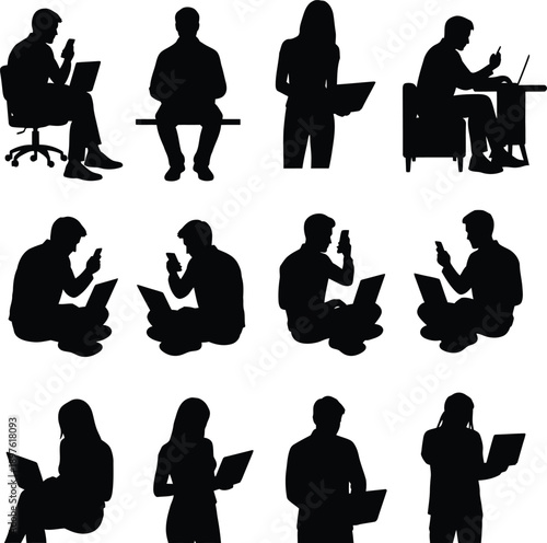 Silhouettes of people working with laptops in various postures and settings