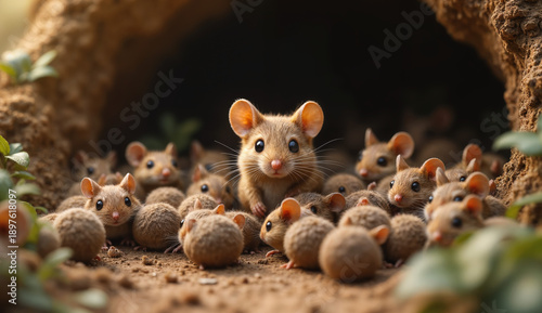 Nature scene - close-up view of wood mouse with babies near burrow. Created using generative AI tools