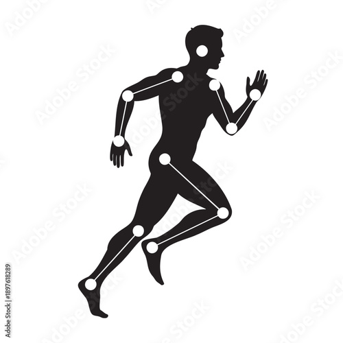 Silhouette of running human figure with joint connection points highlighted