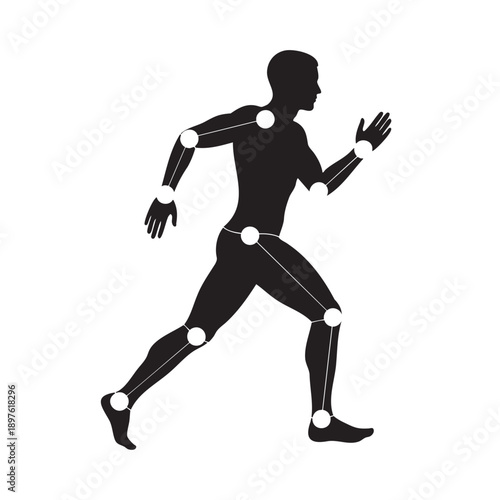 Silhouette of running man with joint motion tracking points isolated