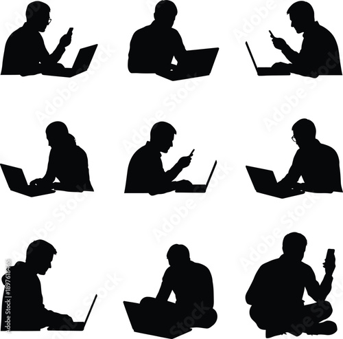 People using laptops and phones in various postures and settings