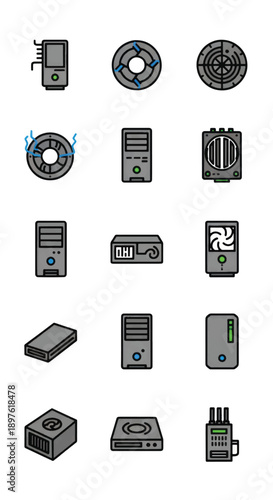 Collection of vintage computer hardware and storage device icons.