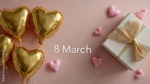 Celebrating women's day on March 8 with balloons and a gift box