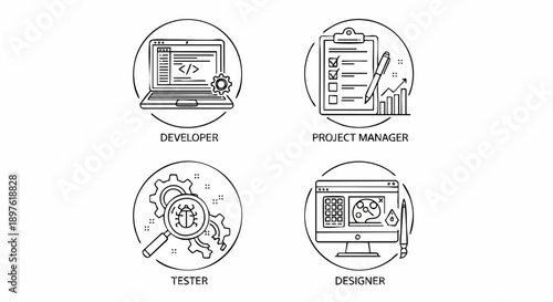 Software Development Team Roles Vector Icons: Developer, Project Manager, Tester, Designer Outline Set isolated on white