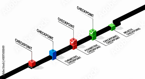 Vector isometric timeline with red, blue, and green checkpoint cubes and progress line, isolated on white