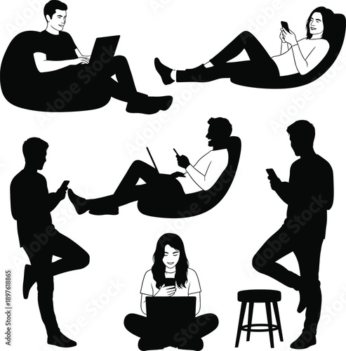 People using digital devices in various relaxed positions and environments