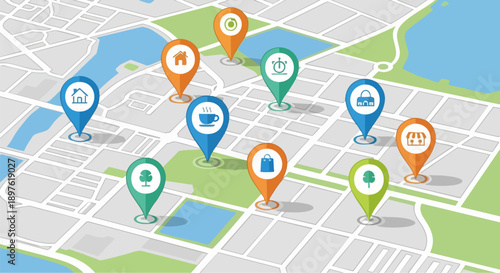 Vector city map with colorful location pins and navigation icons for business, travel, and services