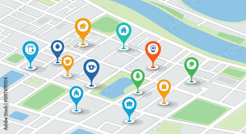 Vector isometric city map with colorful location pins, navigation, GPS, travel, and delivery concept illustration