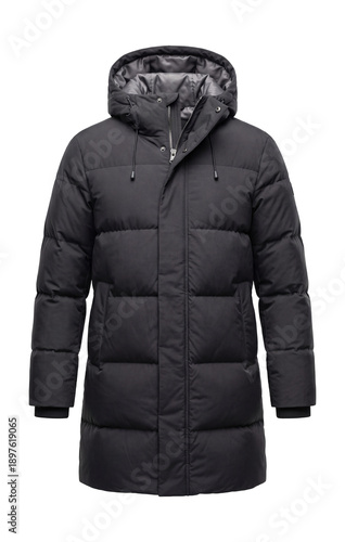 Longline down coat with detachable hood and ribbed cuffs