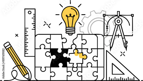 Vector line art illustration of puzzle pieces, lightbulb, ruler, compass, and pencil for problem solving and idea generation, isolated on white