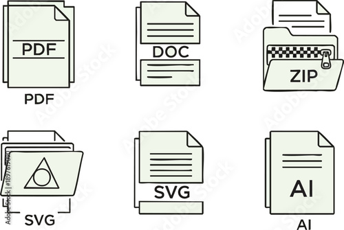 Vector file format icons set: PDF, DOC, ZIP, SVG, AI documents and folders, outline style isolated on white