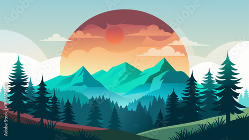 Very beautiful minimalist forest horizon artwork on a white background expressing tranquility and simplicity for commercial t-shirt vectors.
