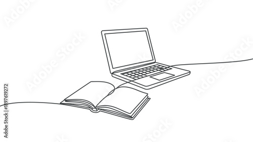 A simple line drawing of a laptop connected to an open book
