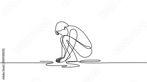 A minimalist line drawing of a person crouching down in a contemplative pose with a puddle of water at their feet.
