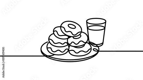 A simple line drawing of a plate of donuts and a glass of water on a table