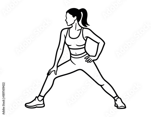 A woman in athletic wear performing a wide-legged stance exercise in a simple black and white illustration.