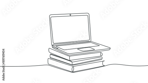 A minimalist line drawing of an open laptop computer sitting on top of a stack of books